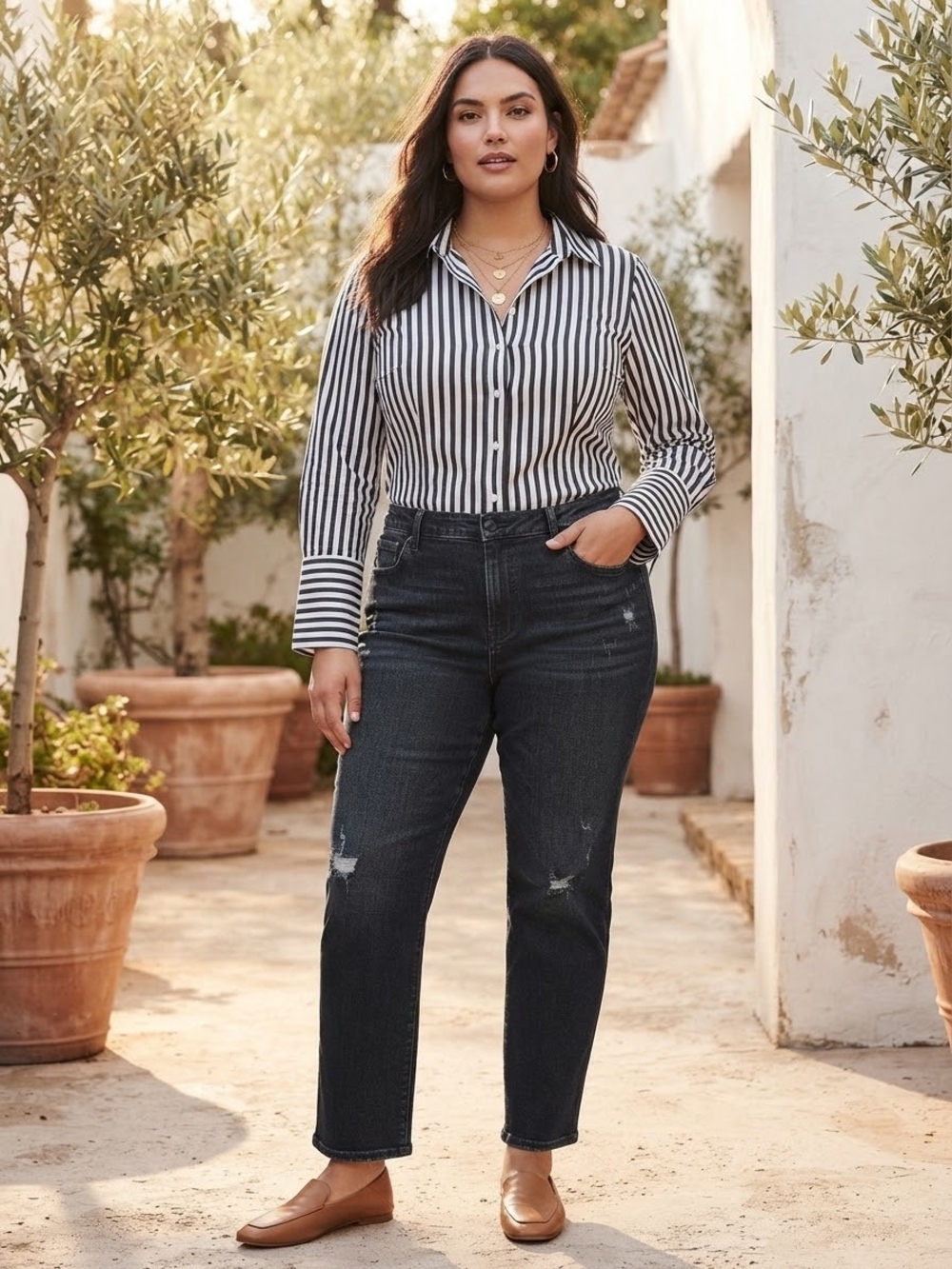 Chico's Black and White Striped Button-Down Shirt